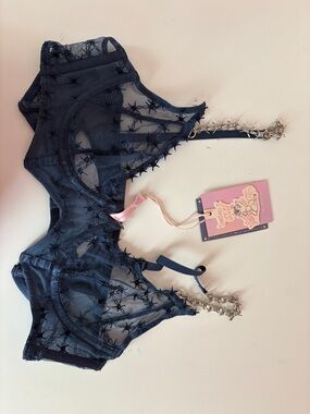 Delicate Navy Sheer Lace Underwire Bra with Star Embroidery